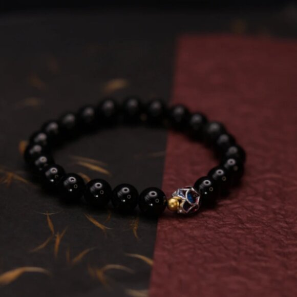 NWT: Natual Obsidian Lotus Mala Bead Bracelet - Picture 3 of 4